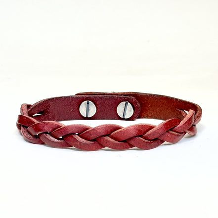 Premium Leather Braid Bracelet in Bordeaux with Silver Posts - handmade vegetable-tanned - Lucky Dog Leather