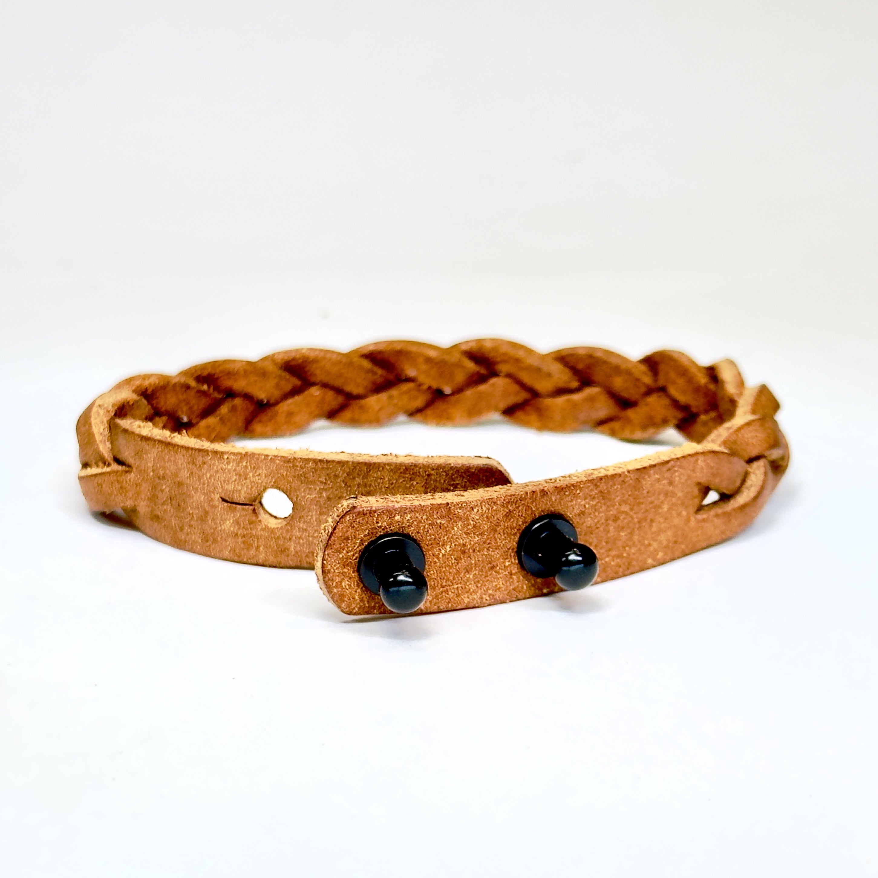 Premium Leather Braid Bracelet black post closure in Cognac - vegetable-tanned handmade - Lucky Dog Leather