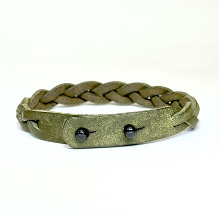 Premium Leather Braid Bracelet black post closure in Olive Green - vegetable-tanned handmade - Lucky Dog Leather