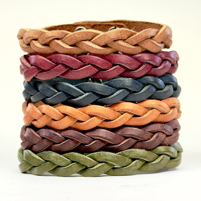 Premium Leather Braid Bracelet all six colors - Bordeaux Cognac Navy Blue Olive Green Olmo Tobacco - handmade vegetable-tanned - Lucky Dog Leather