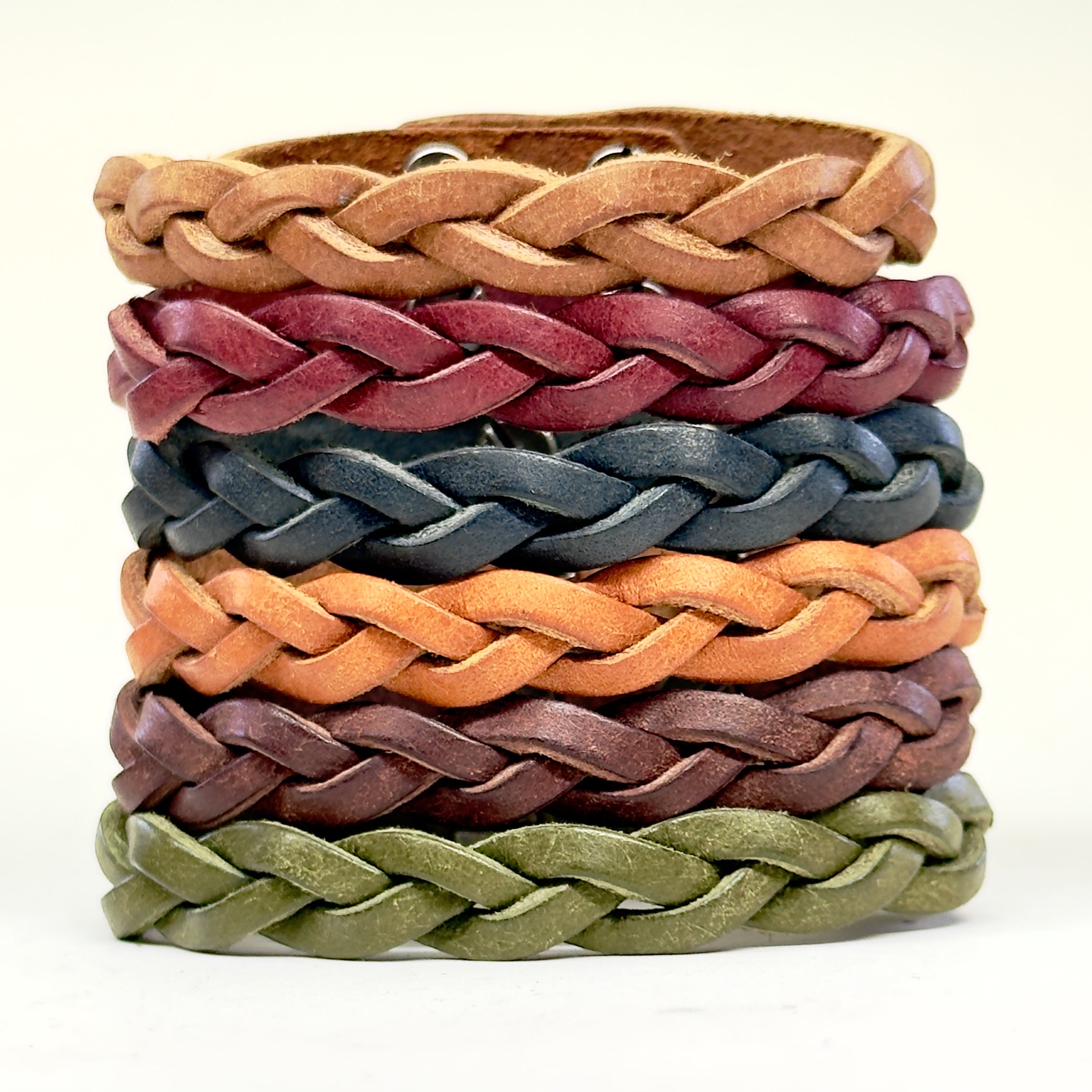 Premium Leather Braid Bracelet all six colors - Bordeaux Cognac Navy Blue Olive Green Olmo Tobacco - handmade vegetable-tanned - Lucky Dog Leather