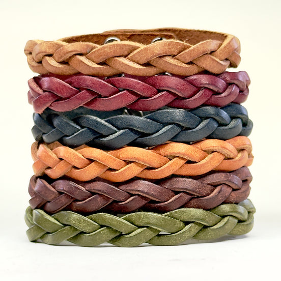 Premium Leather Braid Bracelet all six colors - Bordeaux Cognac Navy Blue Olive Green Olmo Tobacco - handmade vegetable-tanned - Lucky Dog Leather