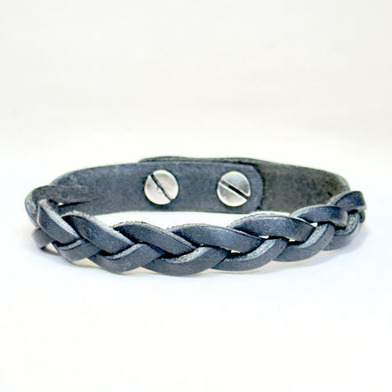 Premium Leather Braid Bracelet in Navy Blue with Silver Posts - handmade vegetable-tanned - Lucky Dog Leather