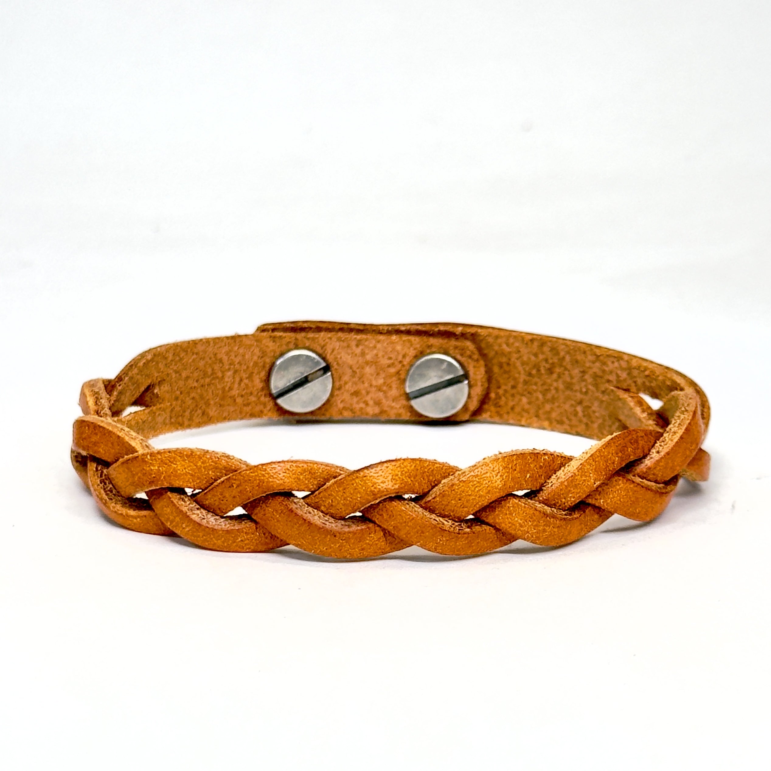 Premium Leather Braid Bracelet in Olmo with Silver Posts - handmade vegetable-tanned - Lucky Dog Leather