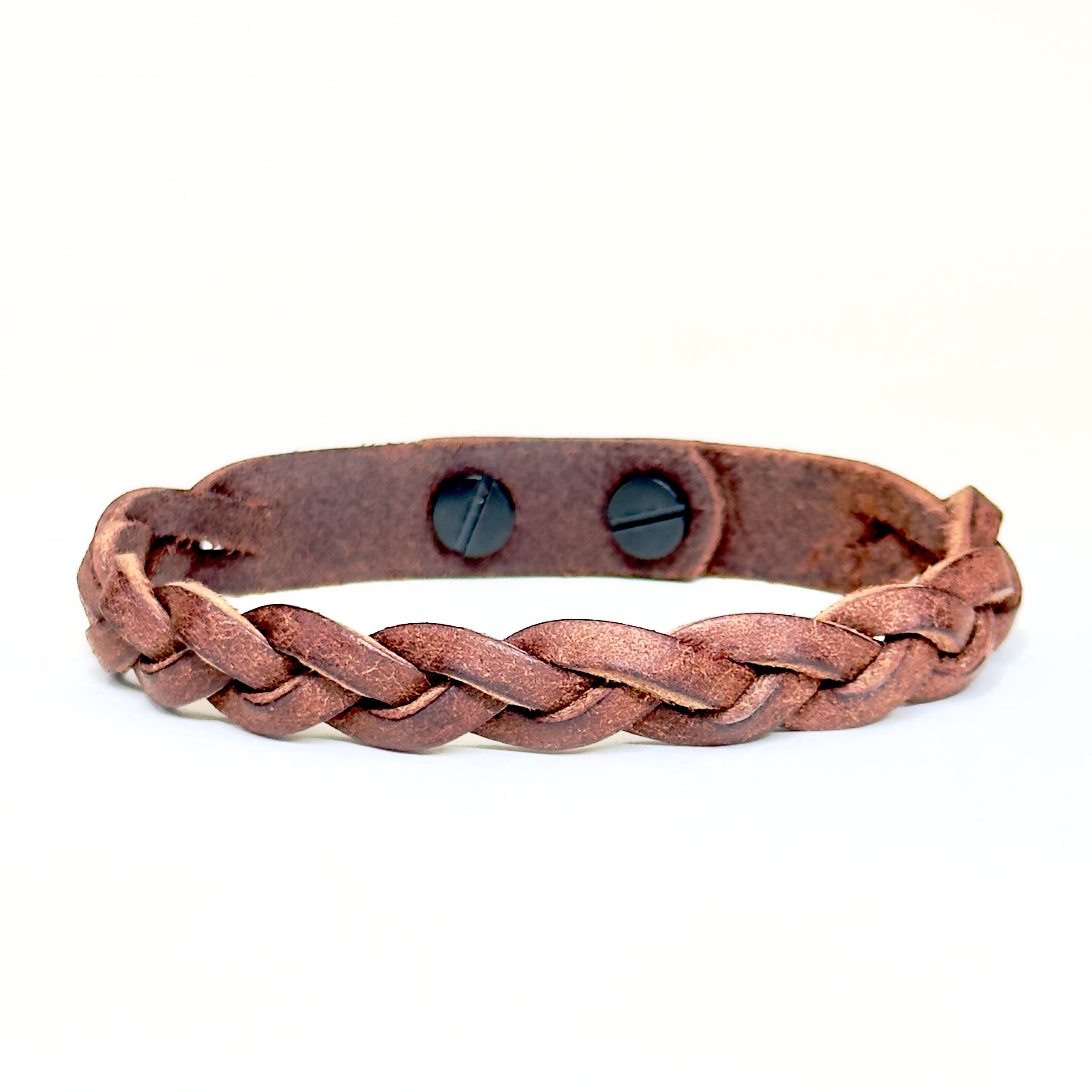 Premium Leather Braid Bracelet black post closure in Tobacco - vegetable-tanned handmade - Lucky Dog Leather