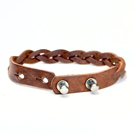 Premium Leather Braid Bracelet in Tobacco with Silver Posts - handmade vegetable-tanned - Lucky Dog Leather