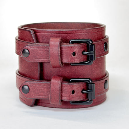 Badalassi Carlo Pueblo leather cuff bracelet Bordeaux Red with Black buckle closure - handmade custom sizing - Lucky Dog Leather
