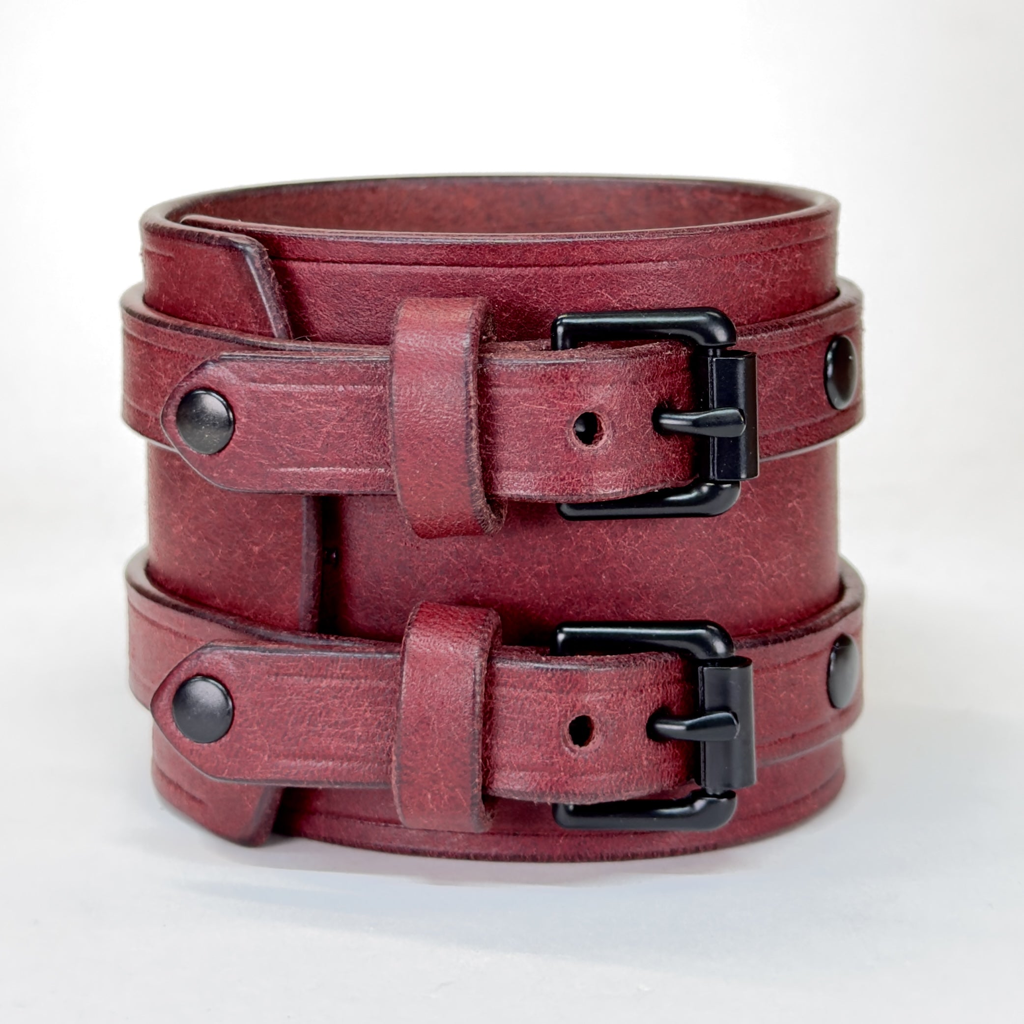 Badalassi Carlo Pueblo leather cuff bracelet Bordeaux Red with Black buckle closure - handmade custom sizing - Lucky Dog Leather