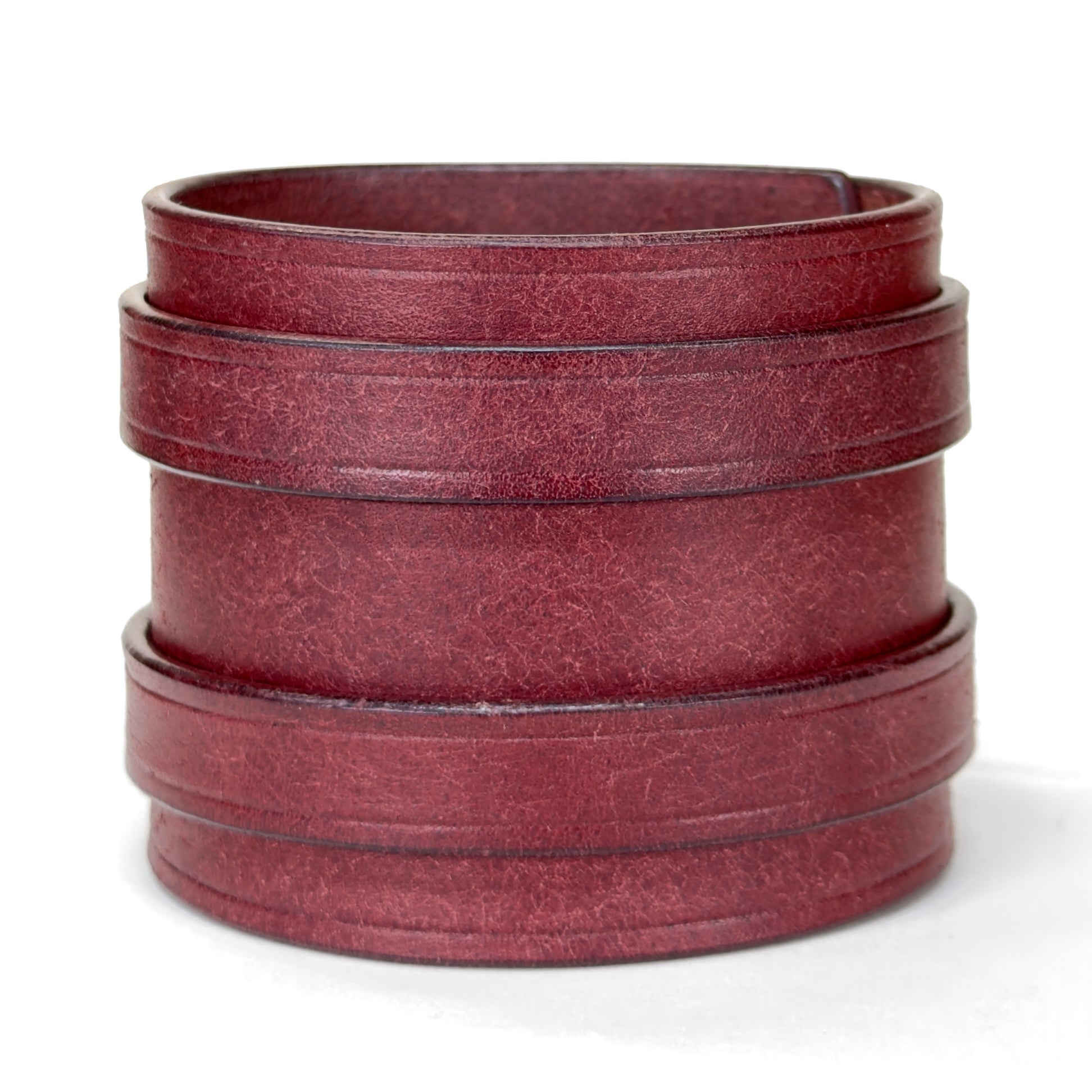 Badalassi Carlo Pueblo leather cuff bracelet in Bordeaux Red - 2.25 inch double buckle - handmade - Lucky Dog Leather