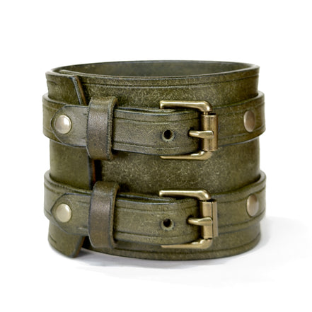 Badalassi Carlo Pueblo leather cuff bracelet Olive Green with Antique Brass buckle closure - handmade custom sizing - Lucky Dog Leather
